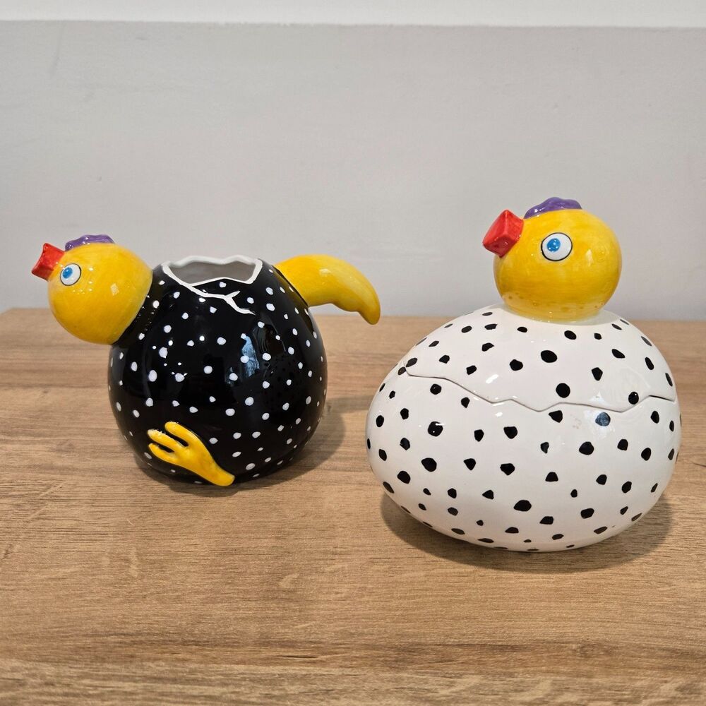 Department 56 Vintage Polka Dot Chickens Creamer Lidded Sugar Bowl Farmhouse EUC